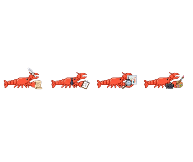 OpenClaw agent lobsters — writer, manager, analyst, creative
