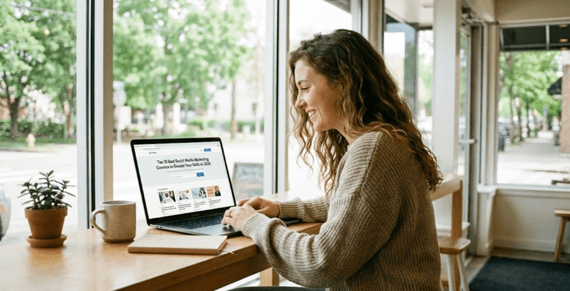 A woman in a cafe smiling while reading a blog post on her laptop titled 'The 10 Best Social Media Marketing Courses to Elevate Your Skills in 2026' from bolta.ai.