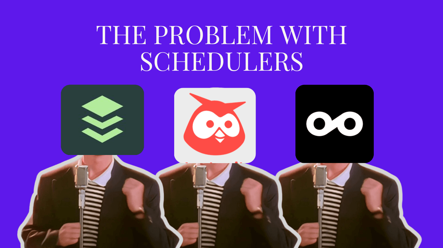 Rick rolled hootsuite metricool and buffer scheduler showing fragmented social media scheduling tools versus a unified content planning system like bolta.ai