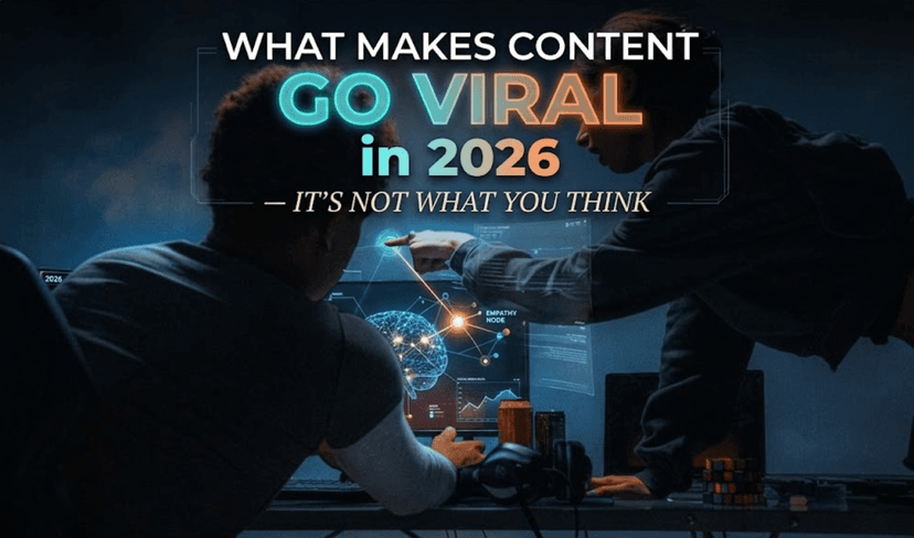Two people in a dimly lit room looking intently at a computer screen displaying a glowing digital network and brain graphic. One person is leaning over the desk, pointing at the monitor. The image features a bold text overlay that reads: 'WHAT MAKES CONTENT GO VIRAL in 2026 — IT'S NOT WHAT YOU THINK'