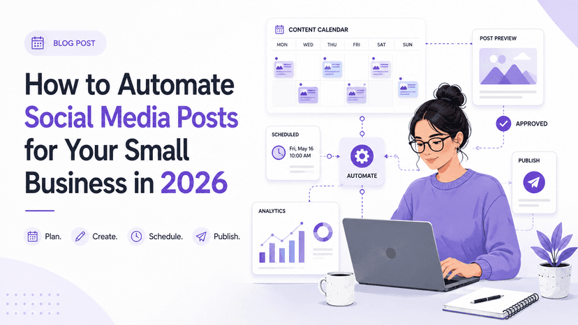 Small business owner using a social media automation system to plan, schedule, publish, and analyze social media posts in 2026.
