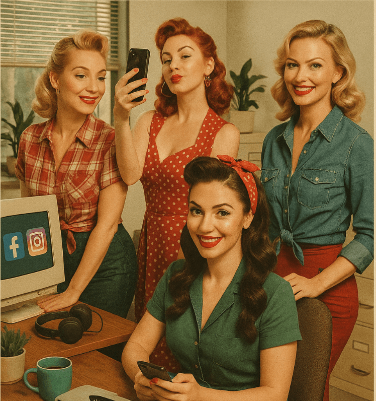 Vintage-style photo of glamorous pin-up inspired women working as modern social media managers in a retro office setting, featuring smartphones, a typewriter, and a desktop showing Instagram and Facebook logos. Created for a Bolta.ai newsletter campaign promoting AI-powered social media automation tools for teams and agencies.