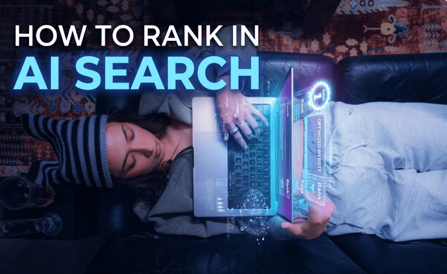 Person lying on a couch using a laptop with glowing AI search ranking visuals, illustrating how to rank in AI search