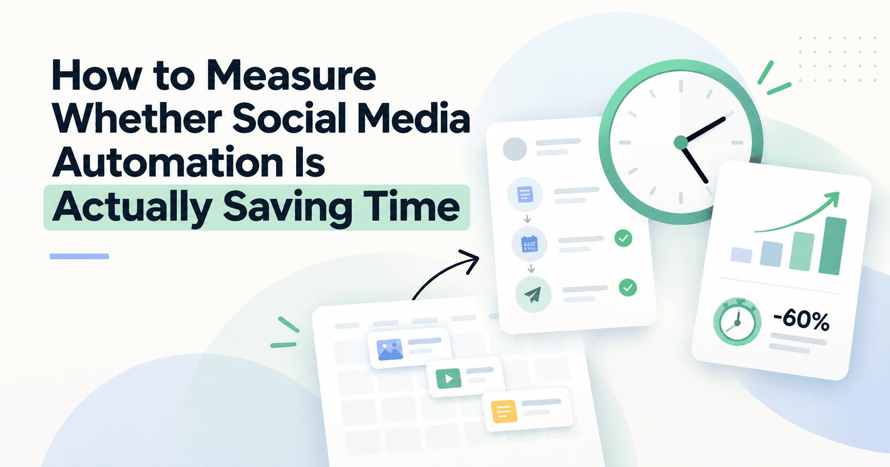 1. Social media automation workflow with a clock, performance metrics, and charts measuring time saved and efficiency.
