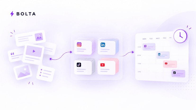 Minimal Bolta illustration showing scattered content ideas being grouped into platform-specific batches and scheduled on a weekly calendar.
